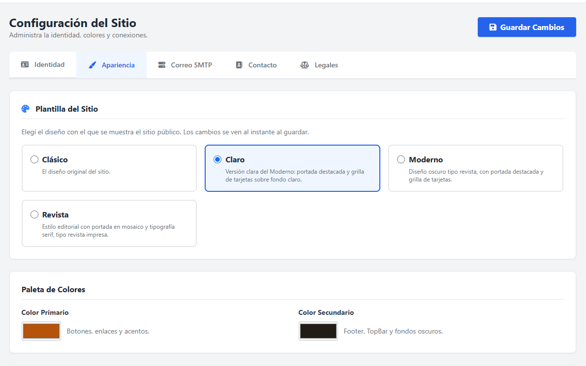 Selector de diseños en el panel